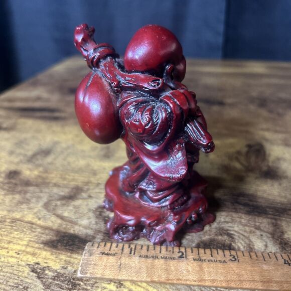 Buddha Vintage Laughing Fat Happy Figurine Red Dark Heavy 4" Carved Details MCM - Picture 10 of 11